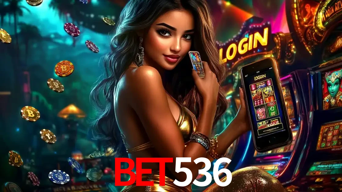 Mulher em um cenário de cassino temático de aventura, mostrando o app de caça-níqueis da bet536 no celular. Fichas de apostas flutuam ao redor.