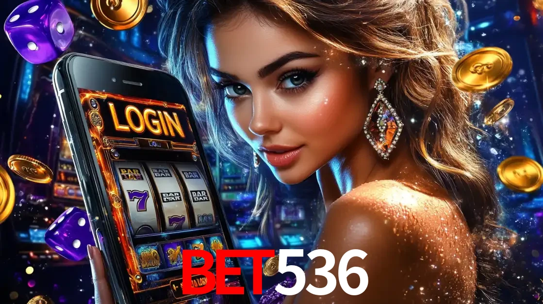 Mulher glamorosa segurando um smartphone com a tela de login para os jogos de caça-níqueis do cassino online bet536, com moedas de ouro e dados ao redor.