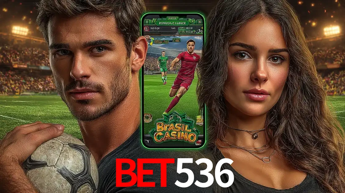 Homem segurando uma bola de futebol e uma mulher ao lado de um smartphone exibindo o jogo de apostas esportivas da bet536. Faça seu palpite no cassino online.